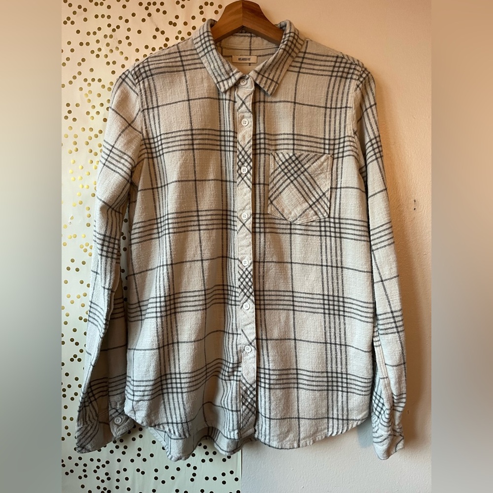 Thread & Supply Beige and Black Plaid Shirt size Medium